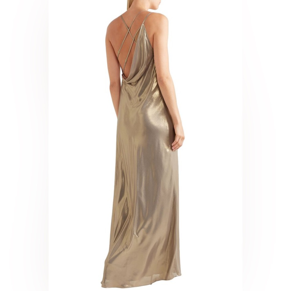 Michelle Mason Metallic Open Back Lamé Gown
